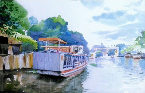 Watercolor Hand Drawn River and Ship